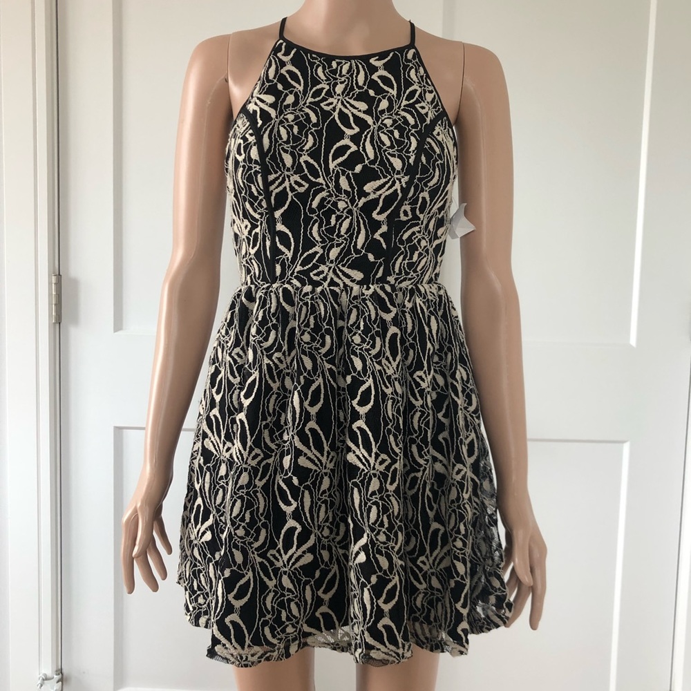Necessary Objects Halter Black White Lace Mini Dress XS